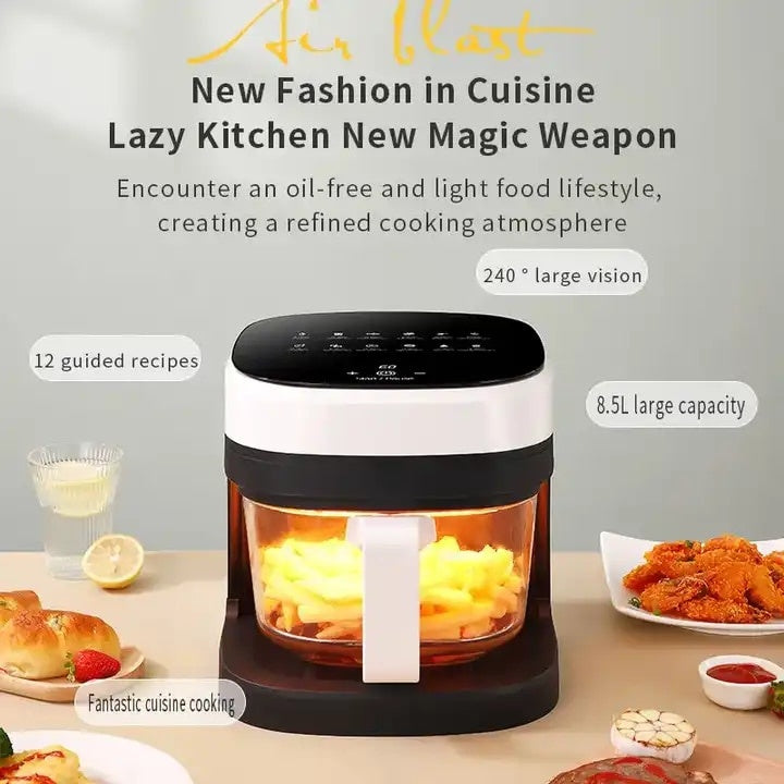 Friteuza cu aer cald, suprafata de gatit antiaderenta, control cu termostat reglabil, recipient de ulei detasabil, protectie impotriva supraincalzirii, cu indicator luminos, afisaj LCD, capacitate 8.5L, alb/negru
