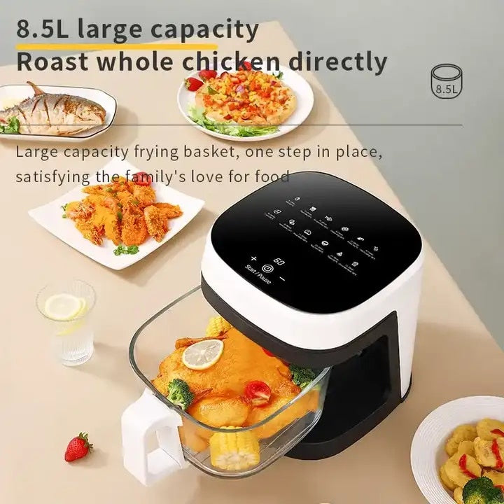 Friteuza cu aer cald, suprafata de gatit antiaderenta, control cu termostat reglabil, recipient de ulei detasabil, protectie impotriva supraincalzirii, cu indicator luminos, afisaj LCD, capacitate 8.5L, alb/negru
