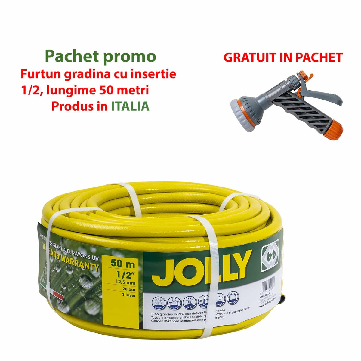 Furtun gradina armat 1/2, 50m, galben, flexibil si rezistent + pistol de udat inclus