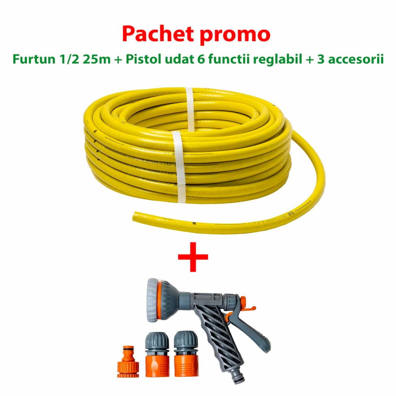 Furtun gradina armat 25m cu pistol udat si accesorii, flexibil si rezistent UV si frig