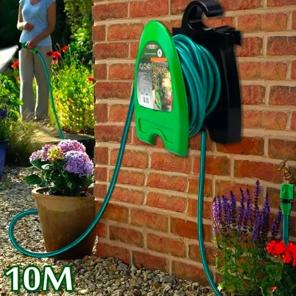 Furtun pentru gradina cu cu tambur si pistol de pulverizare, lungime 10m, portabil, din PVC, design rulant, negru/verde