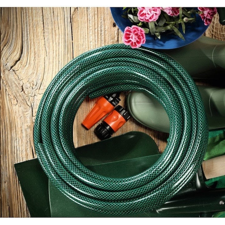 Furtun pentru udat gradina, lungime 15m, cu conectori, cu 3 straturi, stropitor, verde