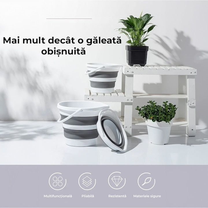 Galeata pliabila din silicon si plastic, cu maner, capacitate 10L, dimensiuni 34X26X21 cm, compacta si usor de depozitat, alb/gri