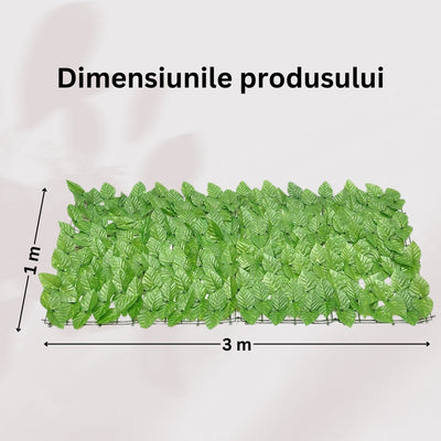 Gard viu artificial decorativ, frunze verzi naturale, dimensiuni 3m x 1m, verde deschis, ideal pentru decorarea gradinii, balconului, gardurilor sau teraselor, usor de montat, design realist pentru un aspect mereu proaspat si elegant