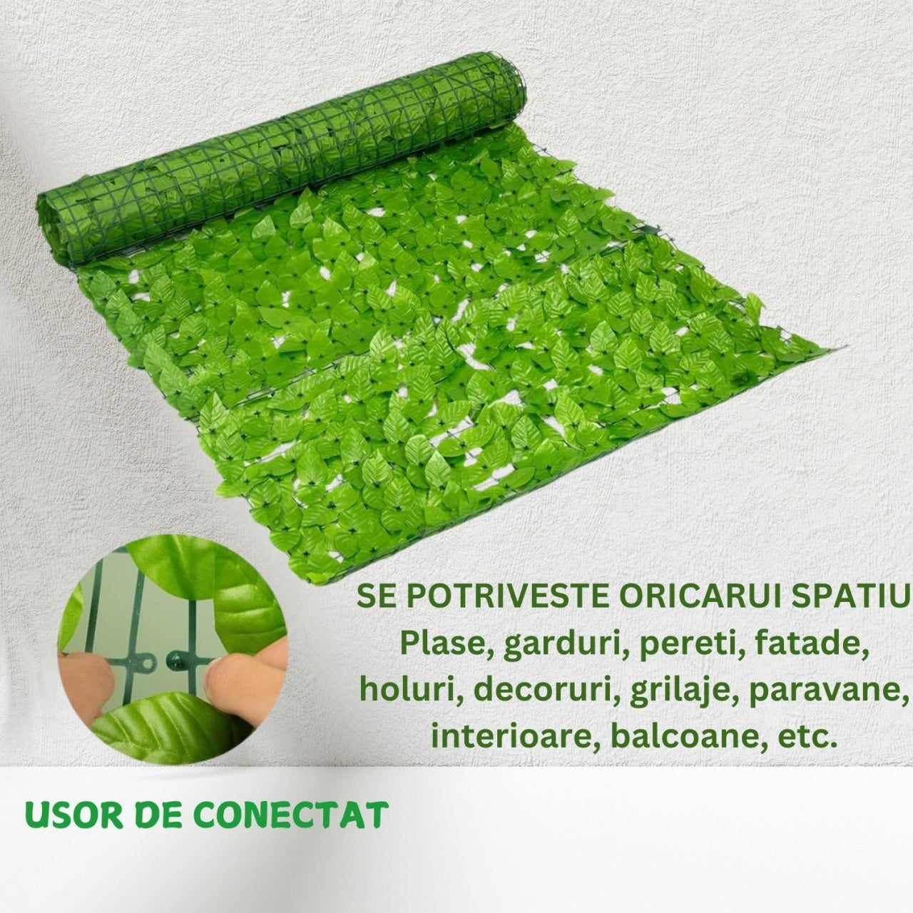 Gard viu artificial decorativ, frunze verzi naturale, dimensiuni 3m x 1m, verde deschis, ideal pentru decorarea gradinii, balconului, gardurilor sau teraselor, usor de montat, design realist pentru un aspect mereu proaspat si elegant