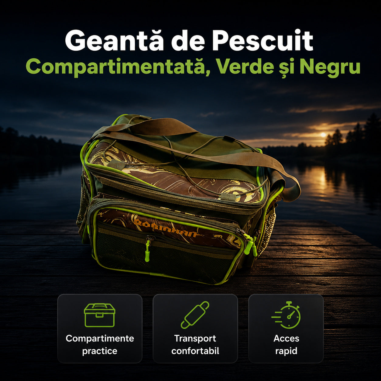 Geantă de Pescuit Compartimentată, Verde și Negru – imagine principală