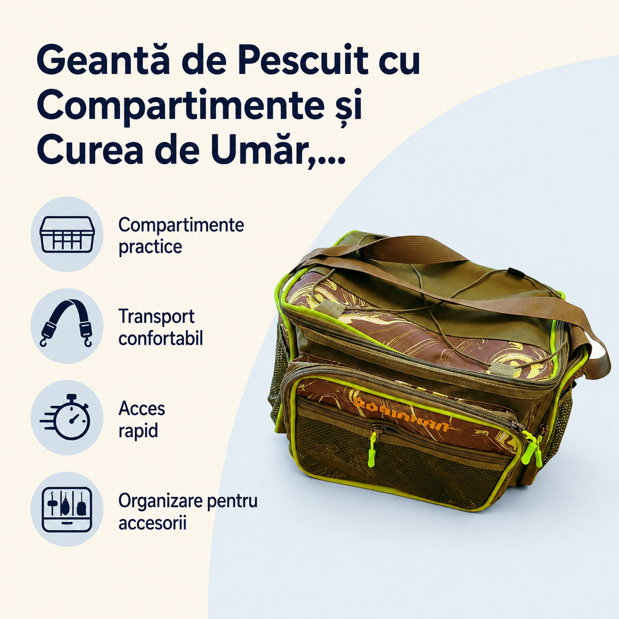 Geantă de Pescuit cu Compartimente și Curea de Umăr, Verde – caracteristici