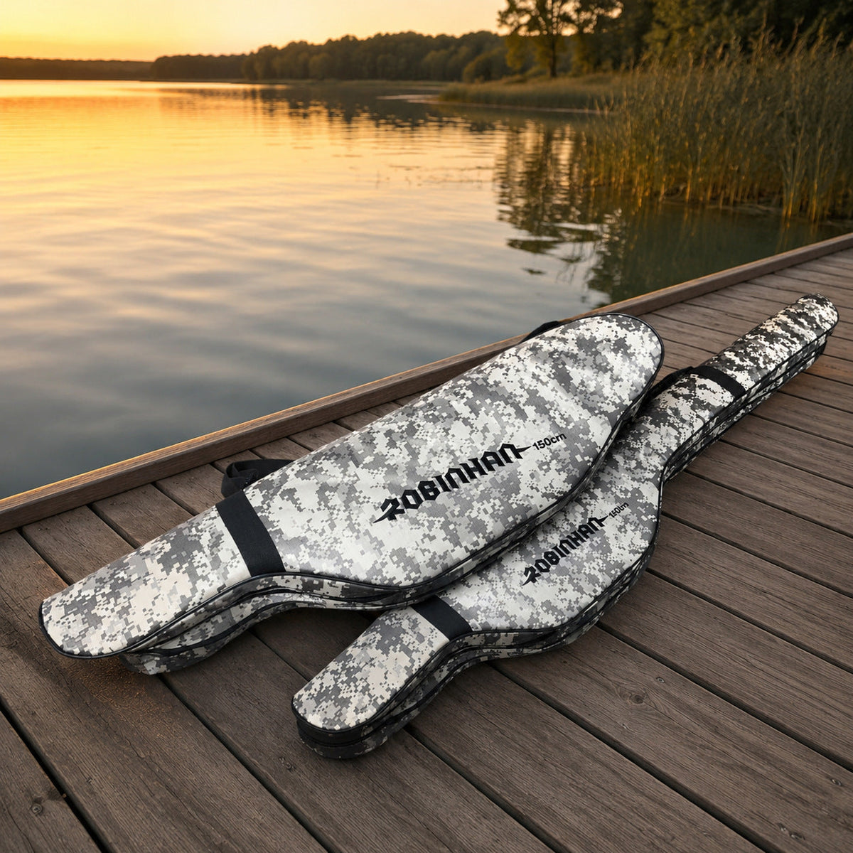 Geantă Dublă pentru Lansete de Pescuit, Camuflaj Alb/Negru, 150 cm – imagine comercială în ambient
