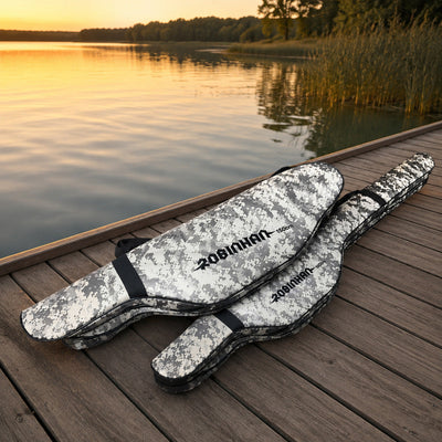 Geantă Dublă pentru Lansete de Pescuit, Camuflaj Alb/Negru, 150 cm – imagine comercială în ambient