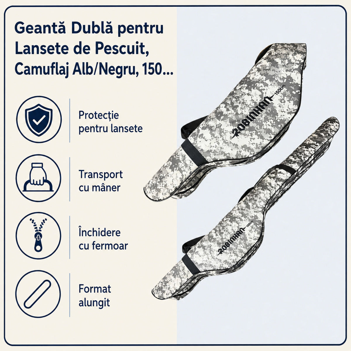 Geantă Dublă pentru Lansete de Pescuit, Camuflaj Alb/Negru, 150 cm – caracteristici și beneficii