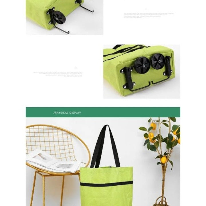 Geanta pentru cumparaturi, prevazuta cu roti, pliabila, inchidere cu fermoar, cu suport de sustinere, dimensiuni 46x39 cm, verde