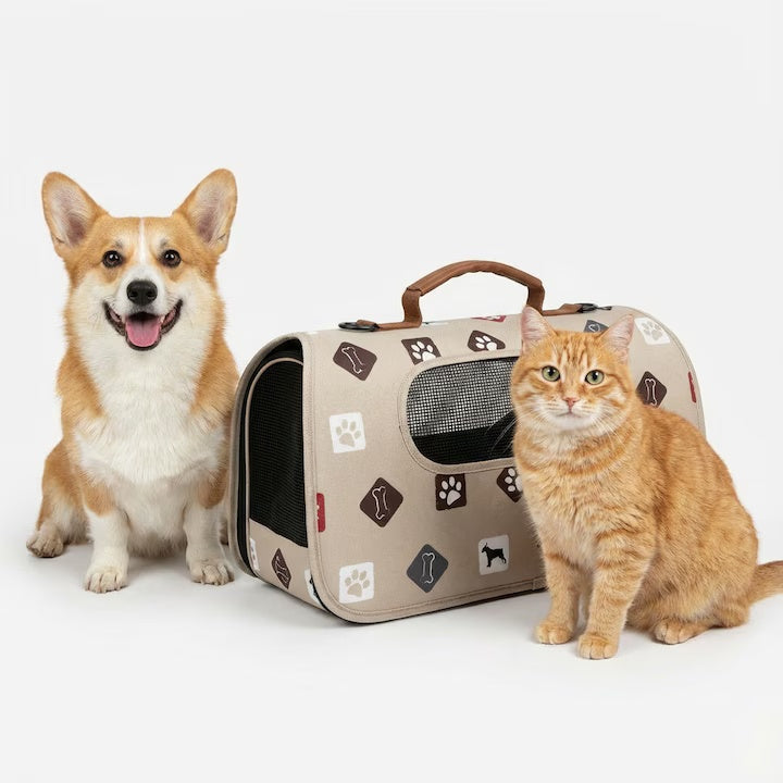 Geantă pliabilă pentru transportul animalelor, plasa respirabilă, 45x28x27cm, Crem