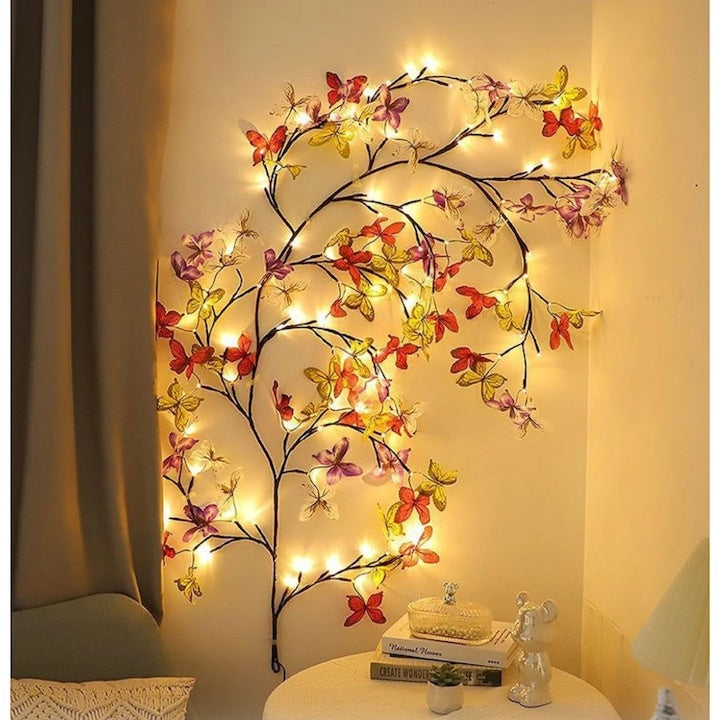 Ghirlanda cu ramuri flexibile, cu becuri LED, telecomanda si alimentare USB, model de toamna, 1.6 m, 72 LED-uri, maro