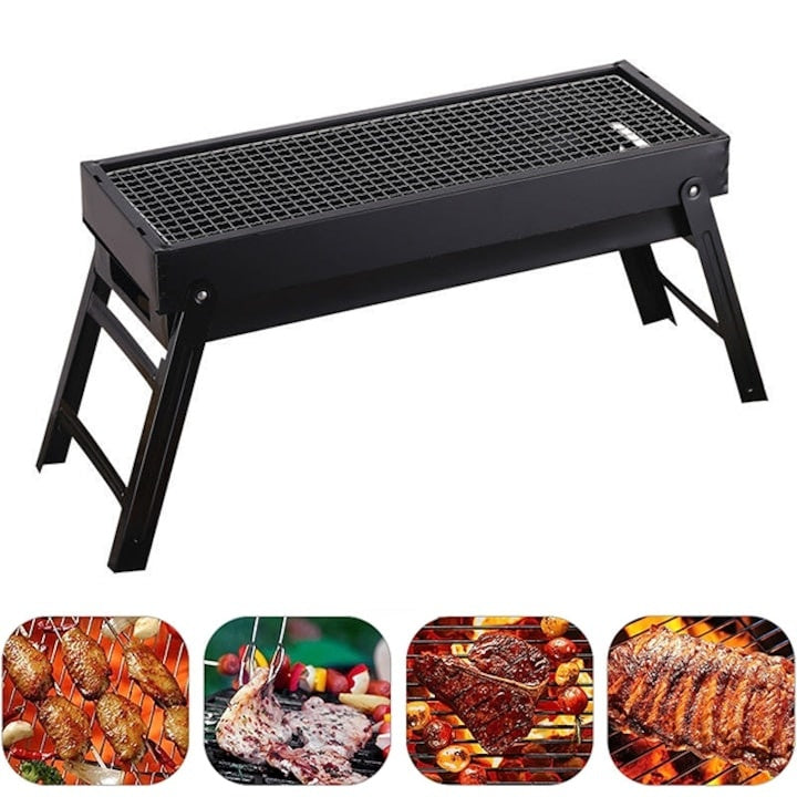 Gratar cu carbune, pentru gradina, pliabil, din metal, dimensiuni 60x20x37cm, negru