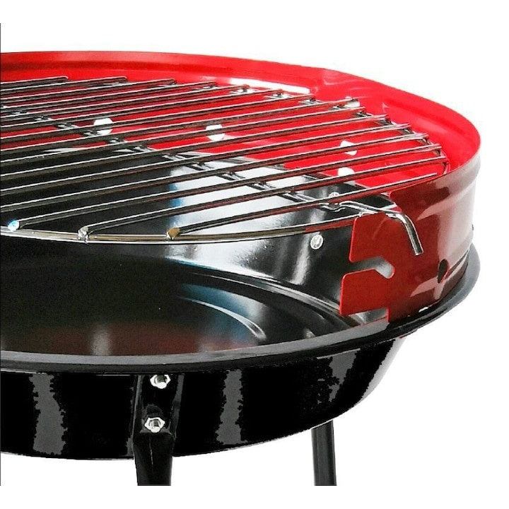 Gratar de gradina, fix, cu 3 picioare, din metal, cu suprafata de gatire reglabila, protectie anti-vant, negru/rosu