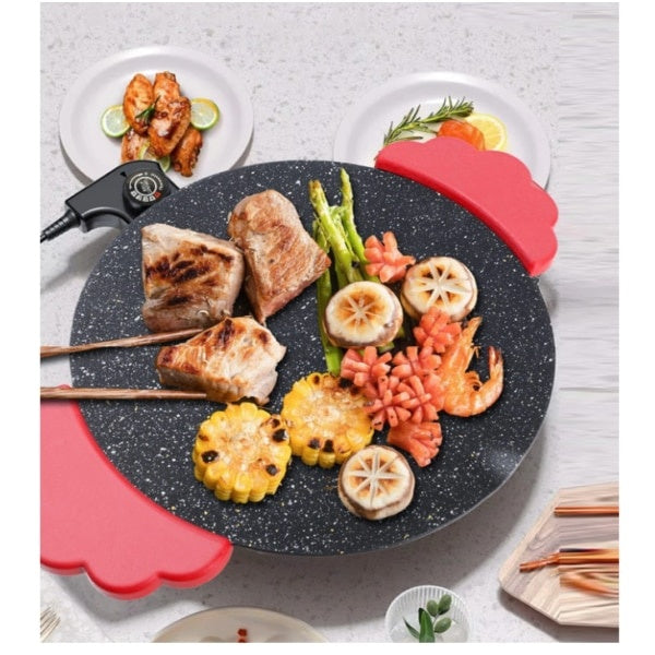 Gratar electric portabil de masa, cu suprafata de gatit antiaderenta si manere rezistente la caldura, putere 800 W, alimentare la retea, negru