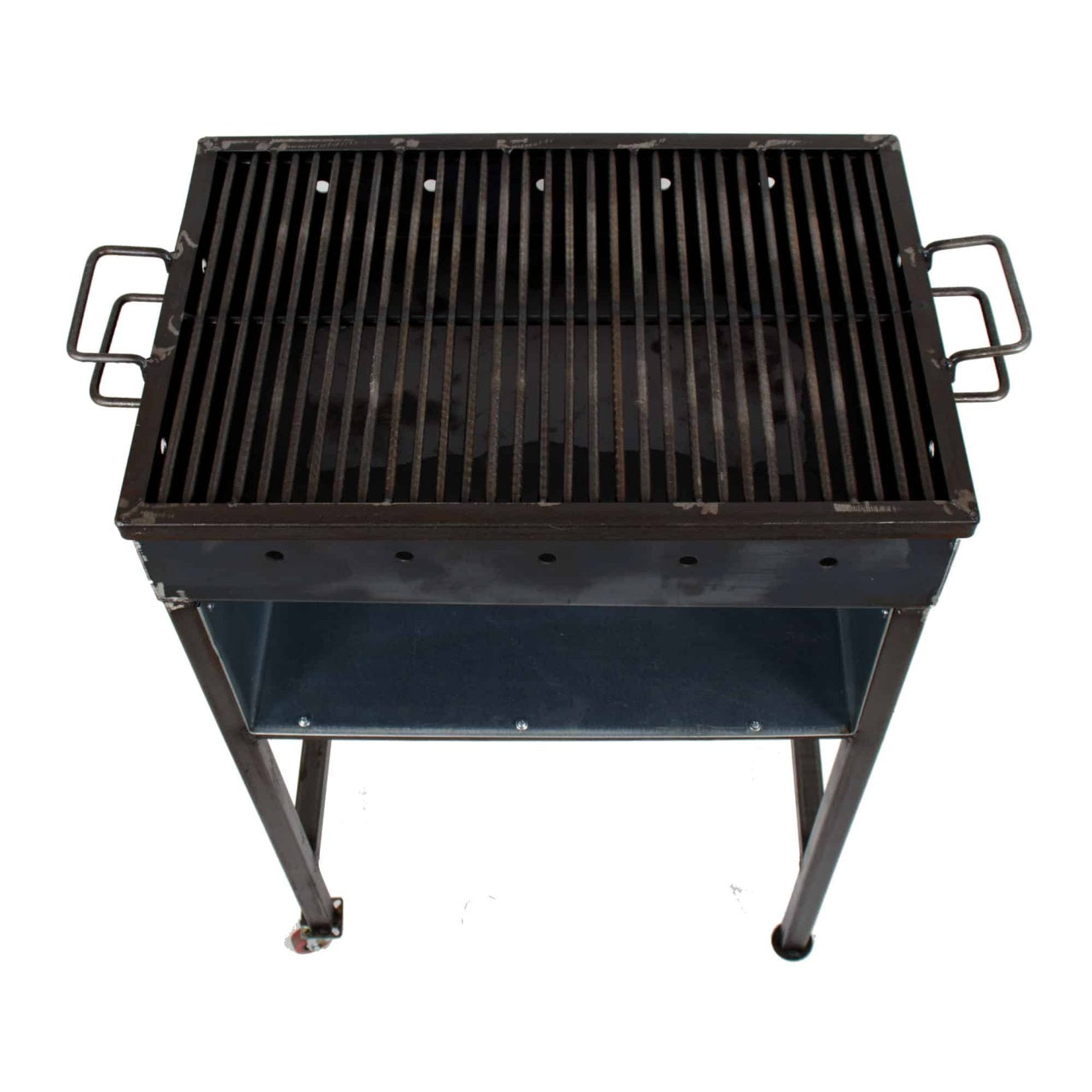 Gratar metalic pe carbuni 62x43x92 cm cu doua roti si raft suport