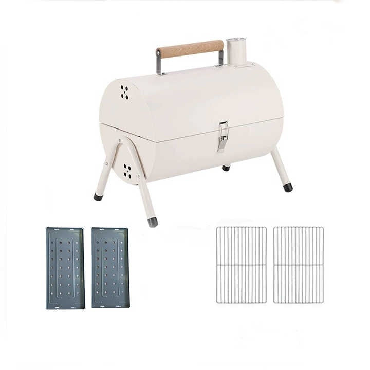 Gratar portabil dublu, din metal, cu maner rece din lemn, dimensiuni 38x25x38cm, circular, usor de curatat, alb