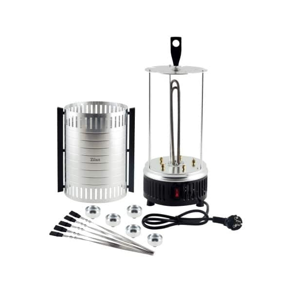 Gratar vertical electric 900W cu rotatie automata si 5 bete pentru frigarui, argintiu