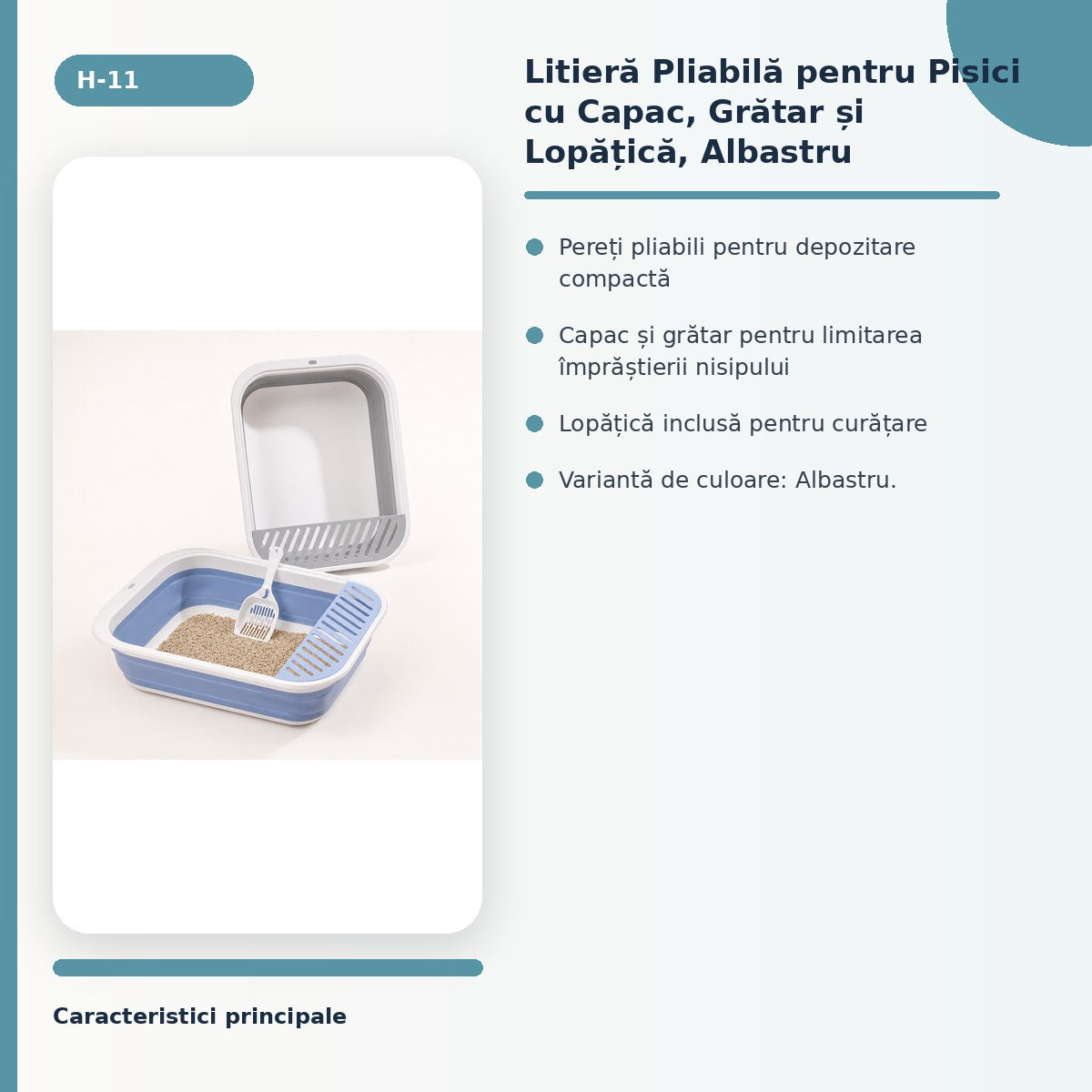 Litieră Pliabilă pentru Pisici cu Capac, Grătar și Lopățică, Albastru – imagine 3