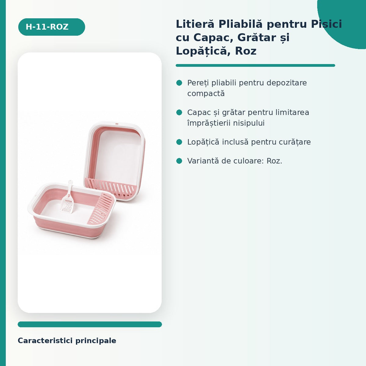 Litiera Pliabila pentru Pisici cu Capac, Gratar si Lopatica, Roz – imagine 3