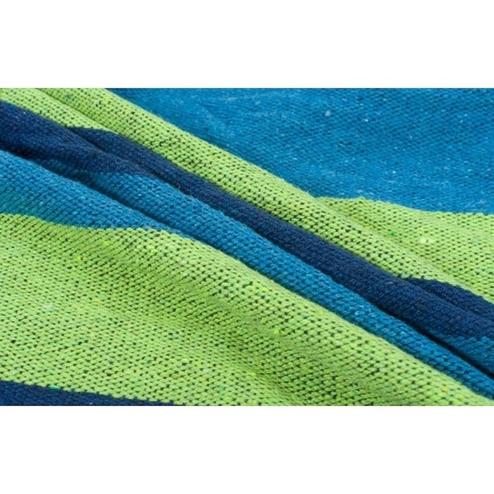Hamac din bumbac, pentru relaxare, dimensiuni 180 x 80 cm, cu bara de lemn, greutate maxima suportata 150kg, verde/albastru