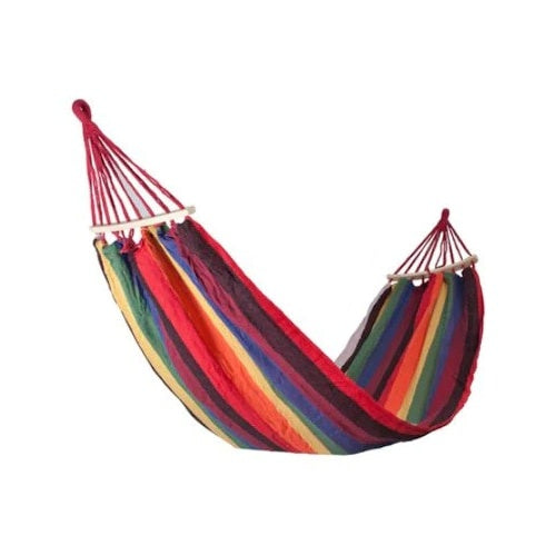 Hamac din bumbac, pentru relaxare, dimensiuni 180 x 80 cm, cu bara de lemn, greutate maxima suportata 150kg, multicolor