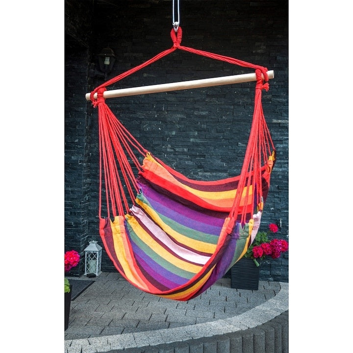 Hamac tip leagan, dimensiuni 100x100cm, cu manere solide, material robust si franghii puternice, usor de asamblat, multicolor