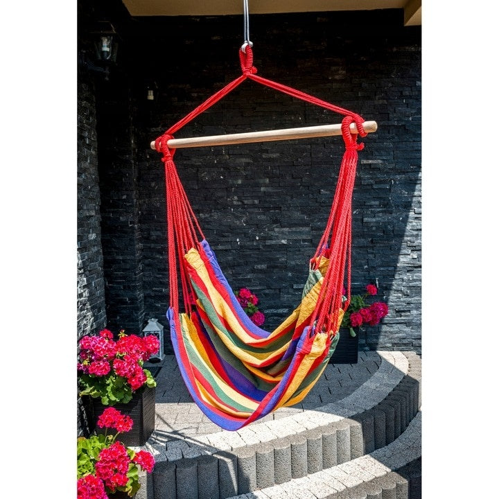 Hamac tip leagan, dimensiuni 100x100cm, cu manere solide, material robust si franghii puternice, usor de asamblat, multicolor