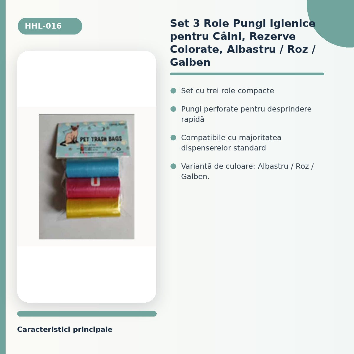 Set 3 Role Pungi Igienice pentru Câini, Rezerve Colorate, Albastru / Roz / Galben – imagine 3