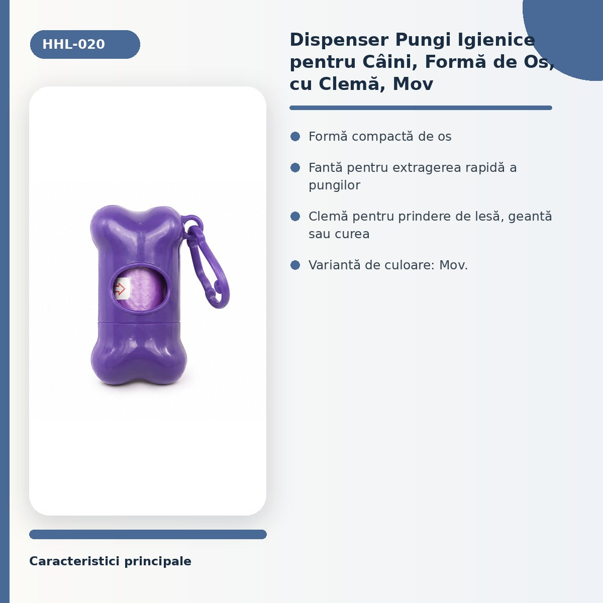Dispenser Pungi Igienice pentru Câini, Formă de Os, cu Clemă, Mov – imagine 3