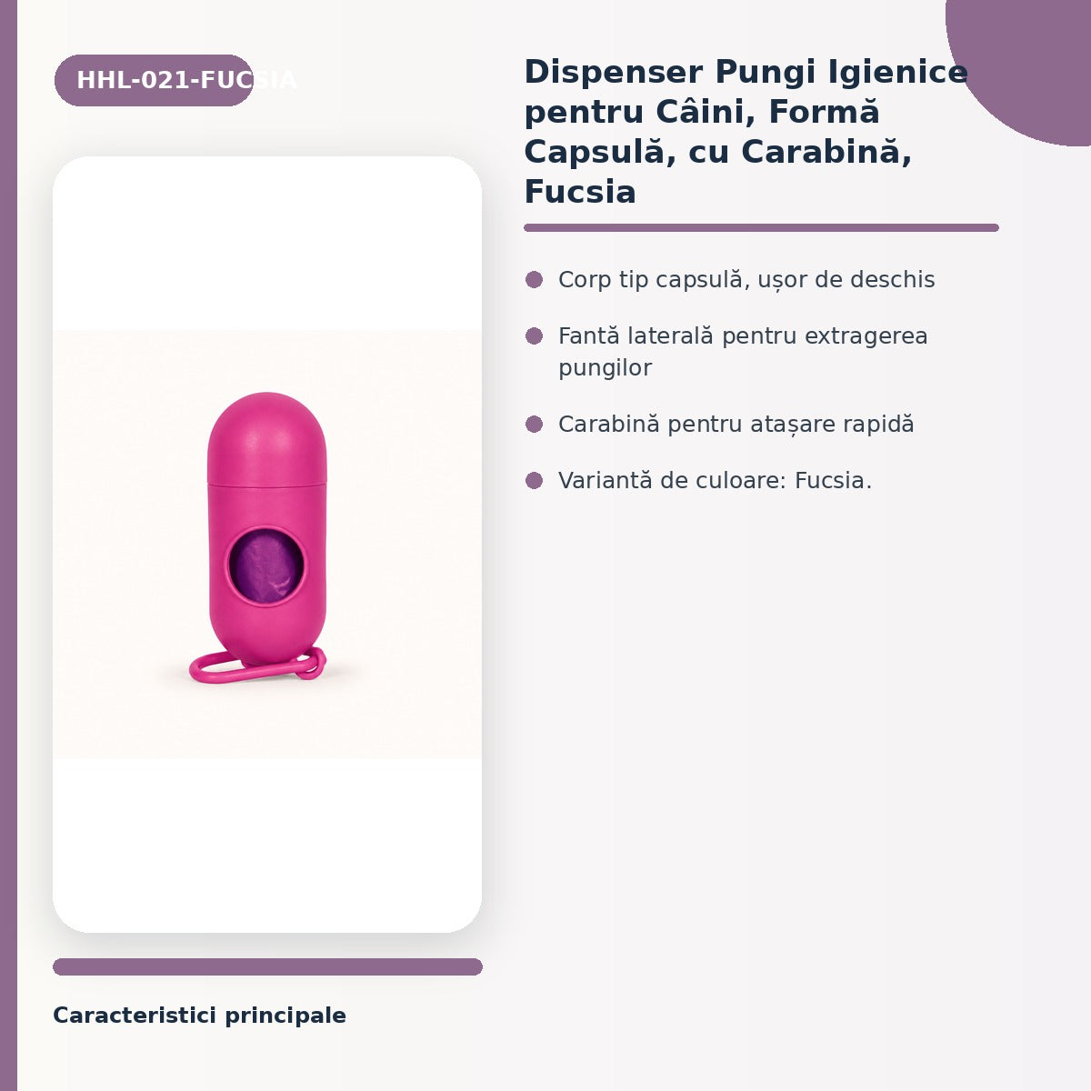 Dispenser Pungi Igienice pentru Câini, Formă Capsulă, cu Carabină, Fucsia – imagine 3