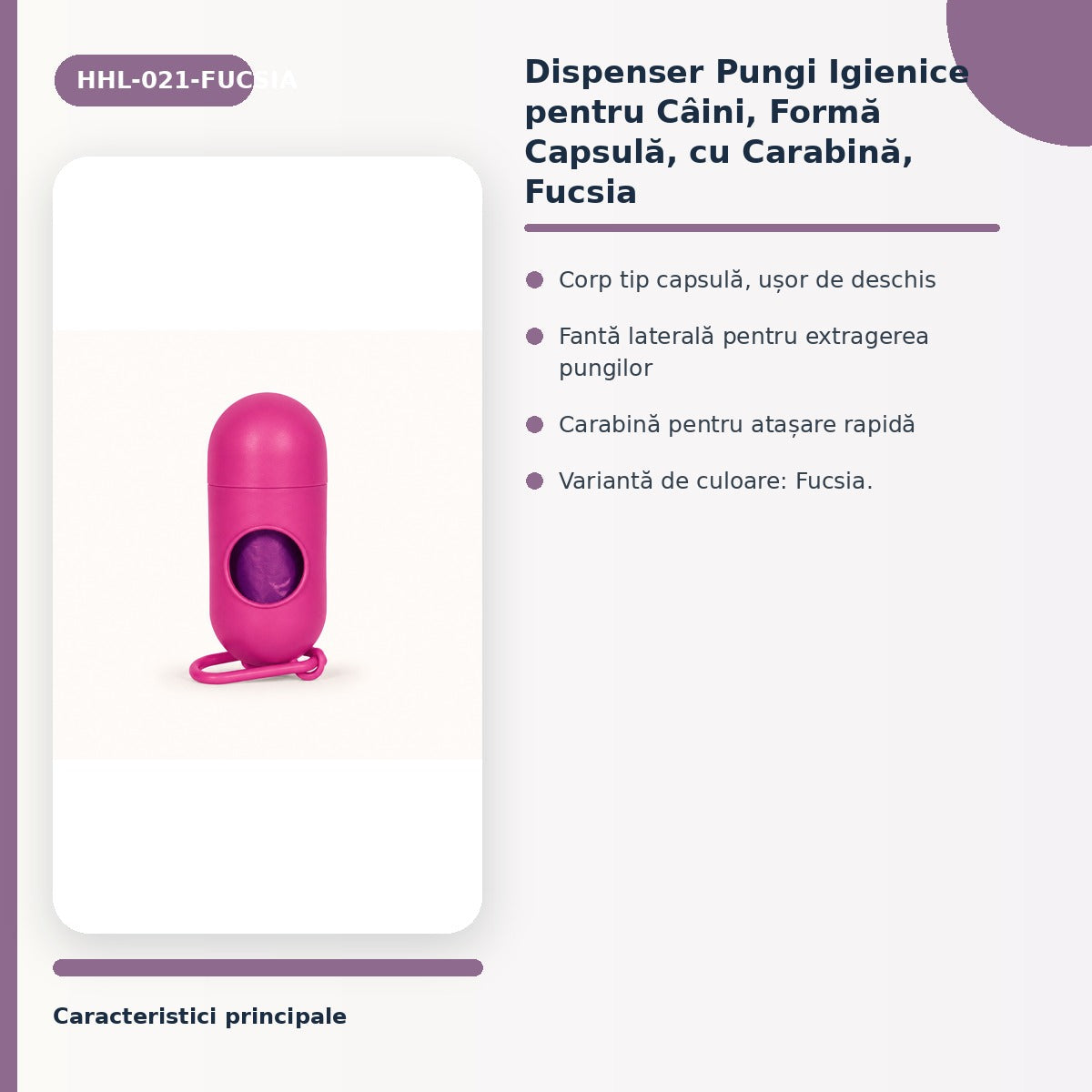 Dispenser Pungi Igienice pentru Câini, Formă Capsulă, cu Carabină, Fucsia – imagine 3