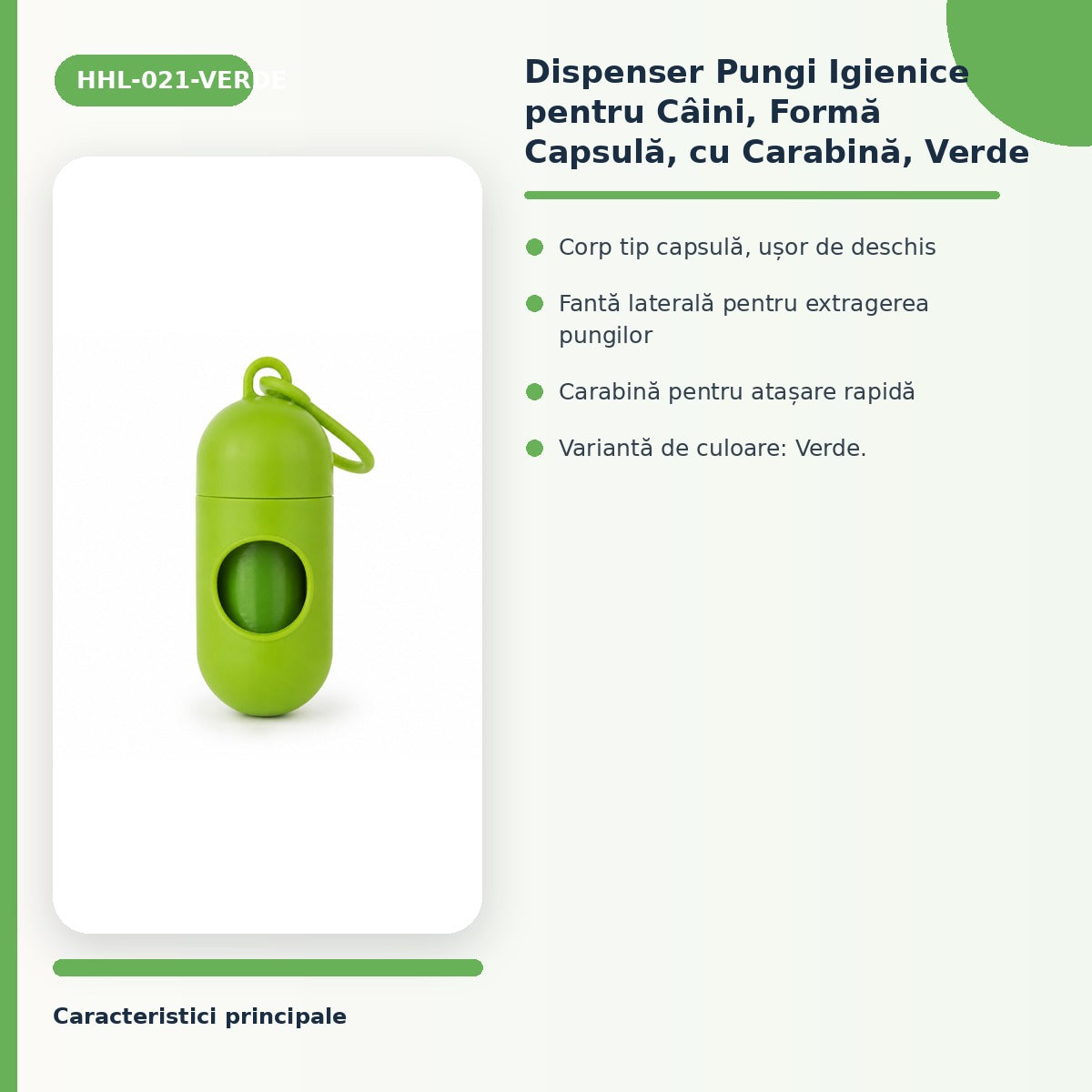 Dispenser Pungi Igienice pentru Câini, Formă Capsulă, cu Carabină, Verde – imagine 3
