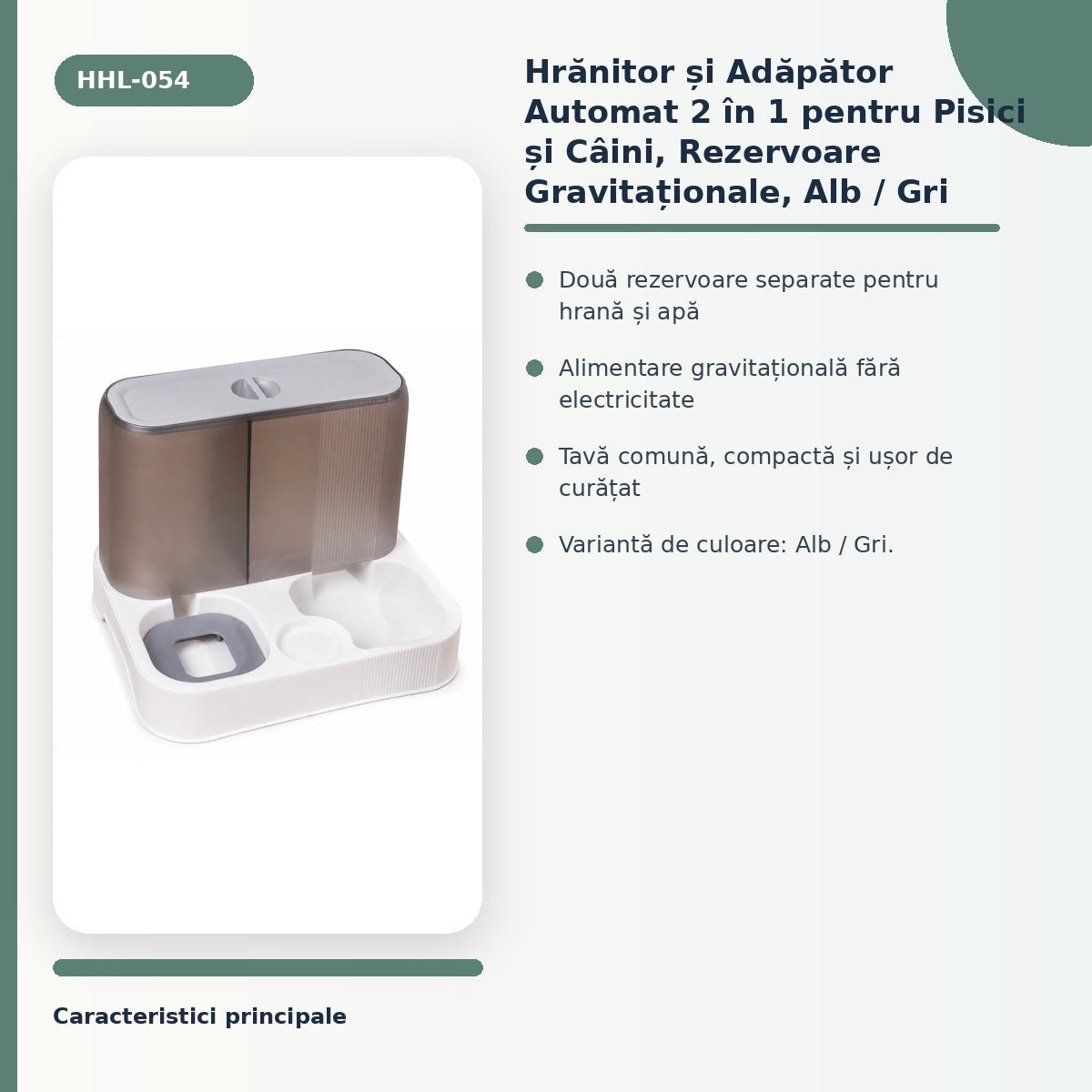 Hrănitor și Adăpător Automat 2 în 1 pentru Pisici și Câini, Rezervoare Gravitaționale, Alb / Gri – imagine 3