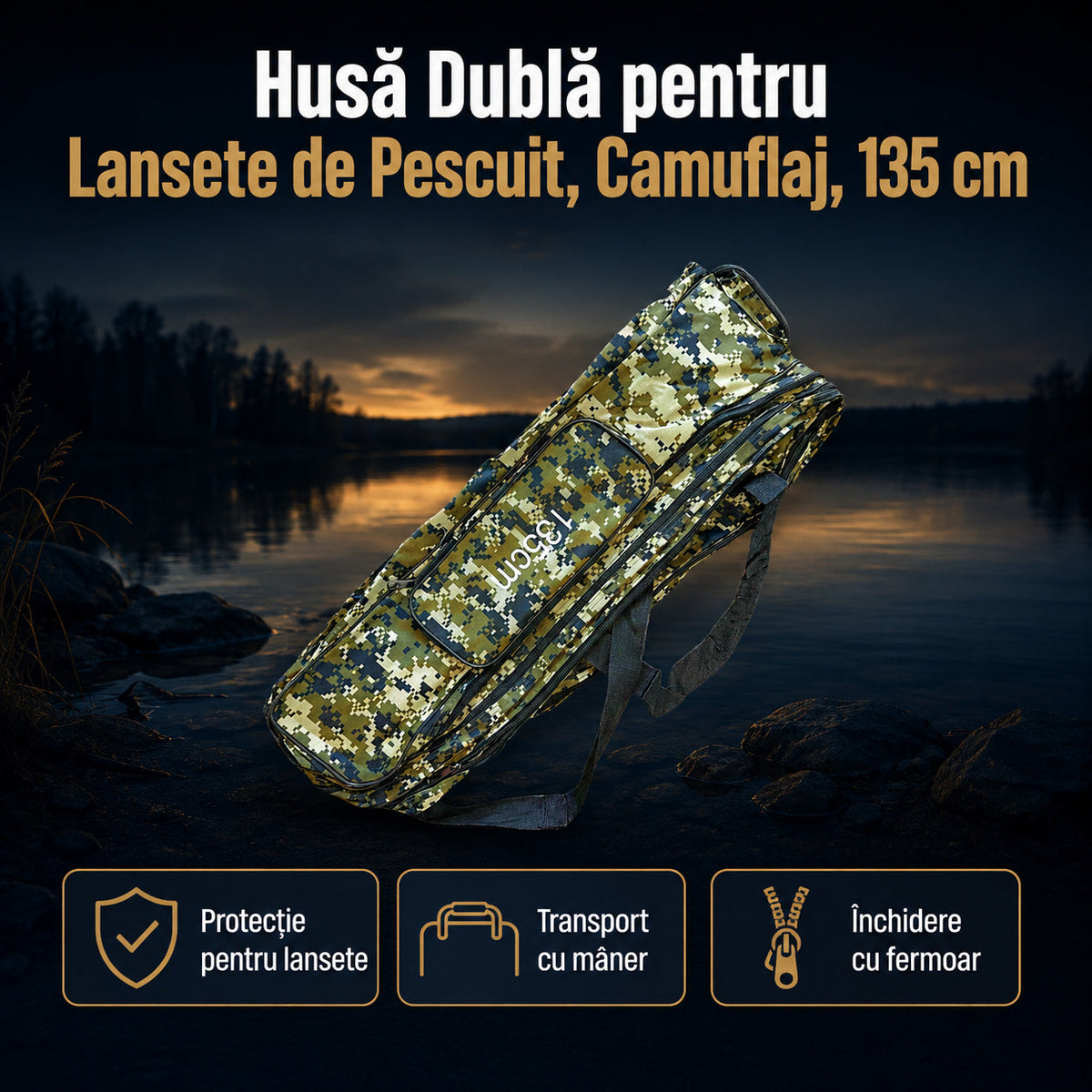 Husă Dublă pentru Lansete de Pescuit, Camuflaj, 135 cm – imagine comercială în ambient