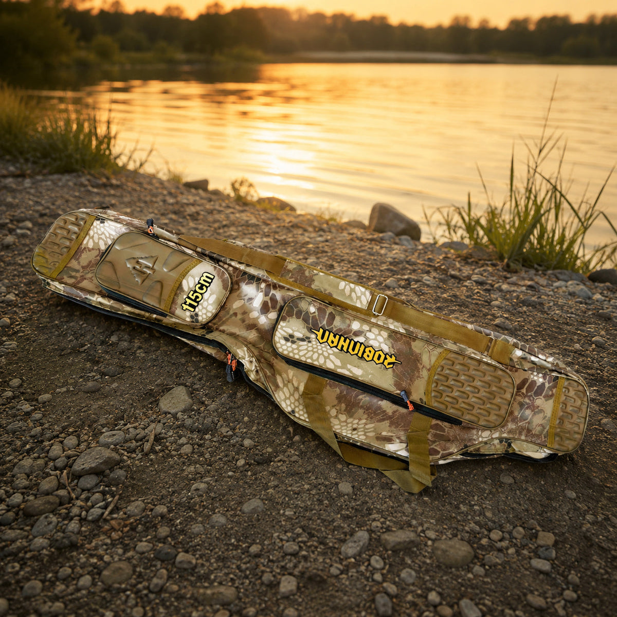 Husă Rigidizată pentru Lansete de Pescuit, Camuflaj, 115 cm – imagine comercială în ambient