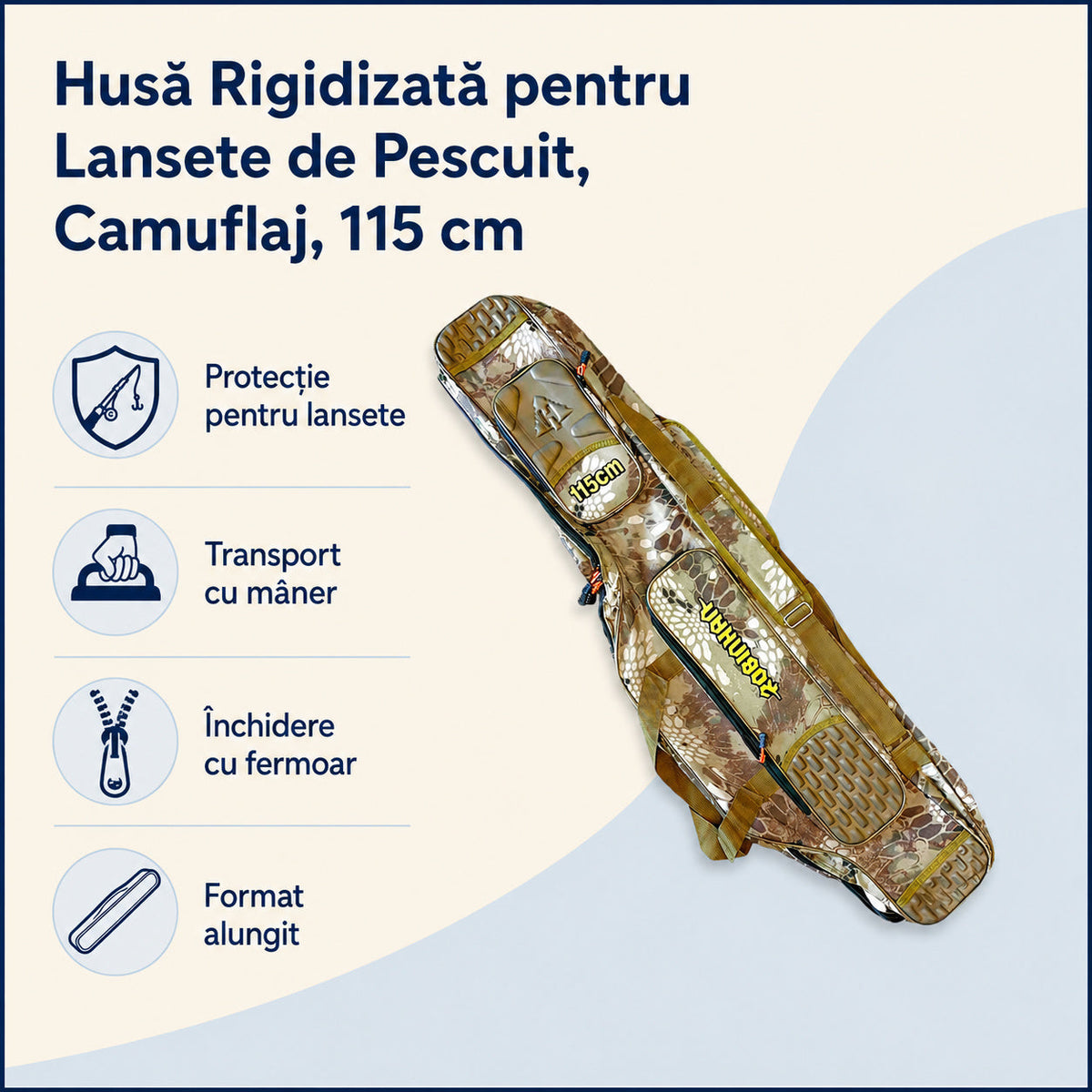 Husă Rigidizată pentru Lansete de Pescuit, Camuflaj, 115 cm – caracteristici și beneficii
