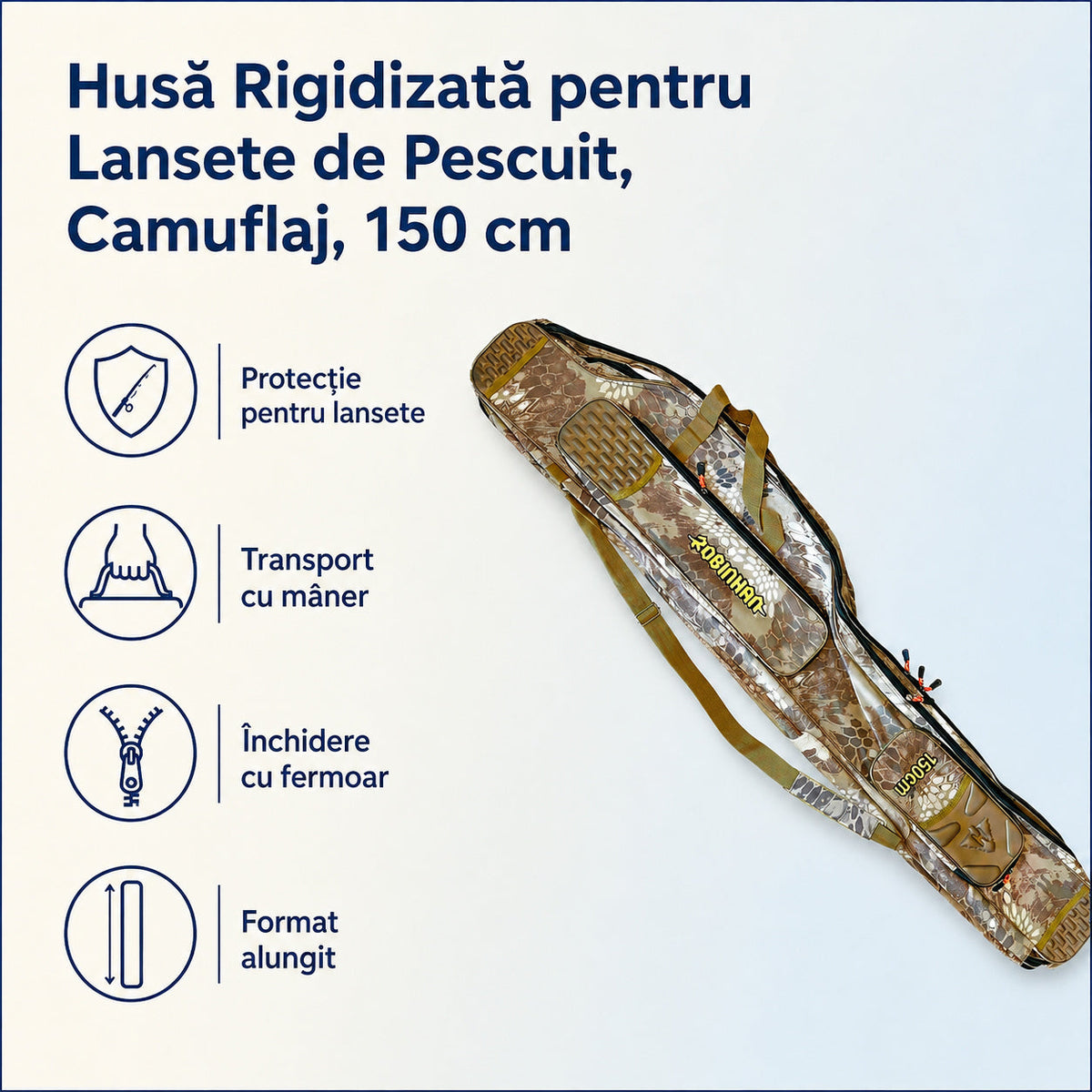Husă Rigidizată pentru Lansete de Pescuit, Camuflaj, 150 cm – caracteristici și beneficii