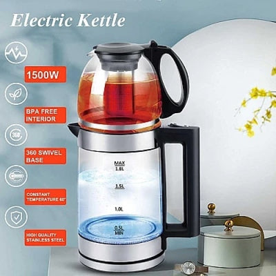 Incalzitor de apa cu ceainic, din sticla, electric, putere 1500W, functie de pastrare a temperaturii, negru/argintiu
