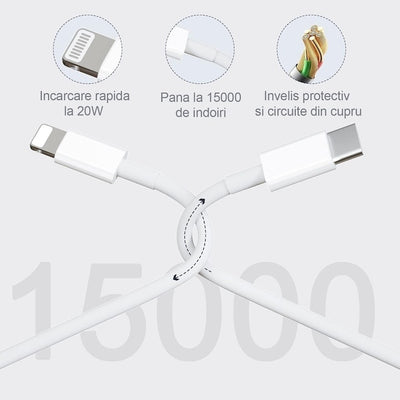 Incarcator, adaptor tip C to Lightning, incarcare rapida, lungime cablu 100 cm, putere 20W, Alb