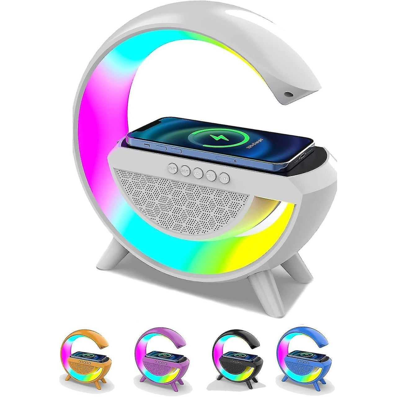 Incarcator fara fir, ceas cu alarma, difuzor bluetooth, lampa de noptiera, multicolor