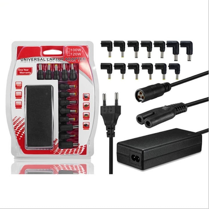 Incarcator pentru laptop si alte dispozitive, tip adaptor, 100/120 W, cu 13 mufe, alimentare la retea, 3 pini, negru
