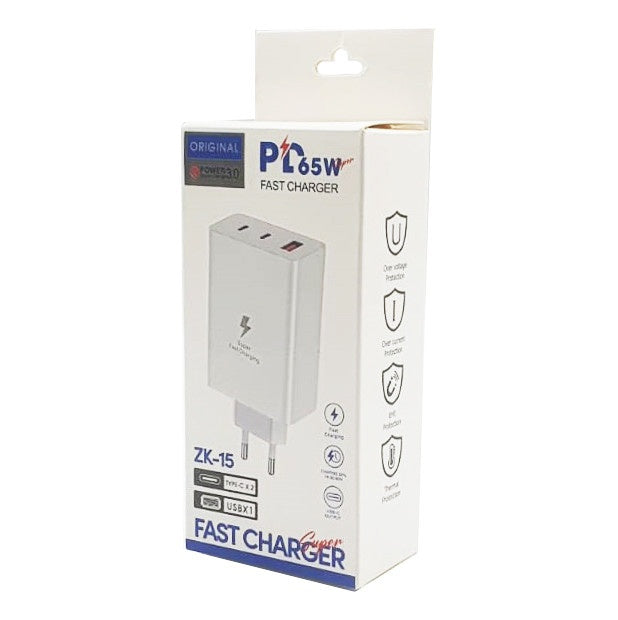 Incarcator telefon ZK-15, 65W, 2 porturi PD/Type-C + 1 port USB, incarcare rapida