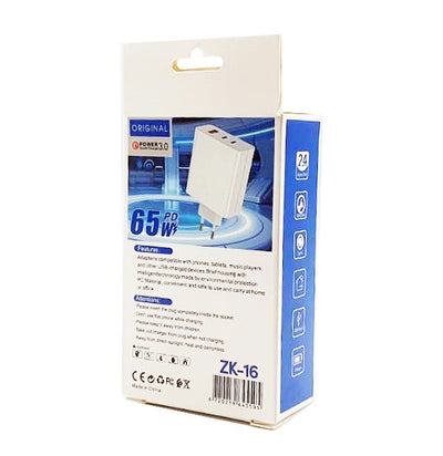 Incarcator telefon ZK-16, 65W, 2 porturi PD/Type-C + 1 port USB, incarcare rapida