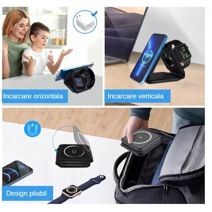 Incarcator wireless, pliabil, magnetic, functia de FastCharge, din ABS si silicon, dimensiuni 245 mm X 74.5 mm X 7.5 mm, compatibil cu Samsung, Huawei, Apple, Xiaomi, negru