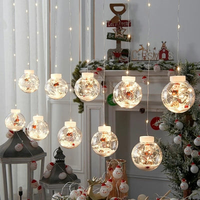 Instalatie Craciun, tip perdea luminoasa, 10 globuri cu Mos Craciun, cu jocuri de lumini, multicolor
