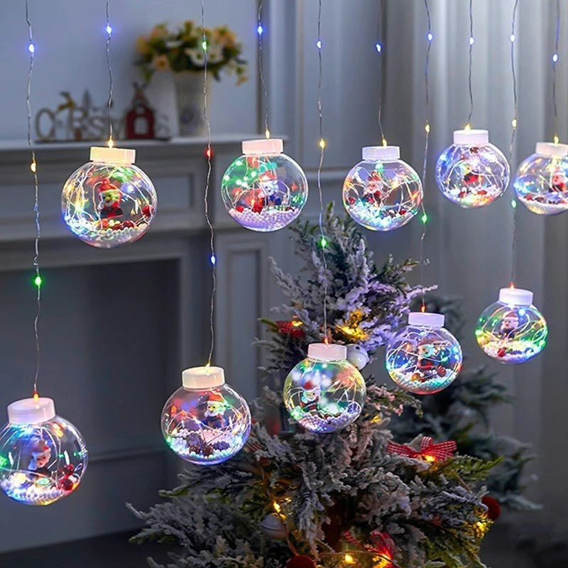 Instalatie Craciun, tip perdea luminoasa, 10 globuri cu Mos Craciun, cu jocuri de lumini, multicolor