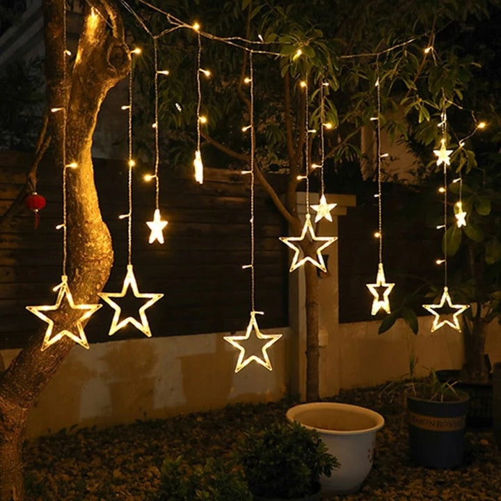 Instalatie Craciun tip perdea luminoasa, ploaie de stele, 8 moduri de iluminare, alimentare 220-240V, lungime 3,5 m, alb cald