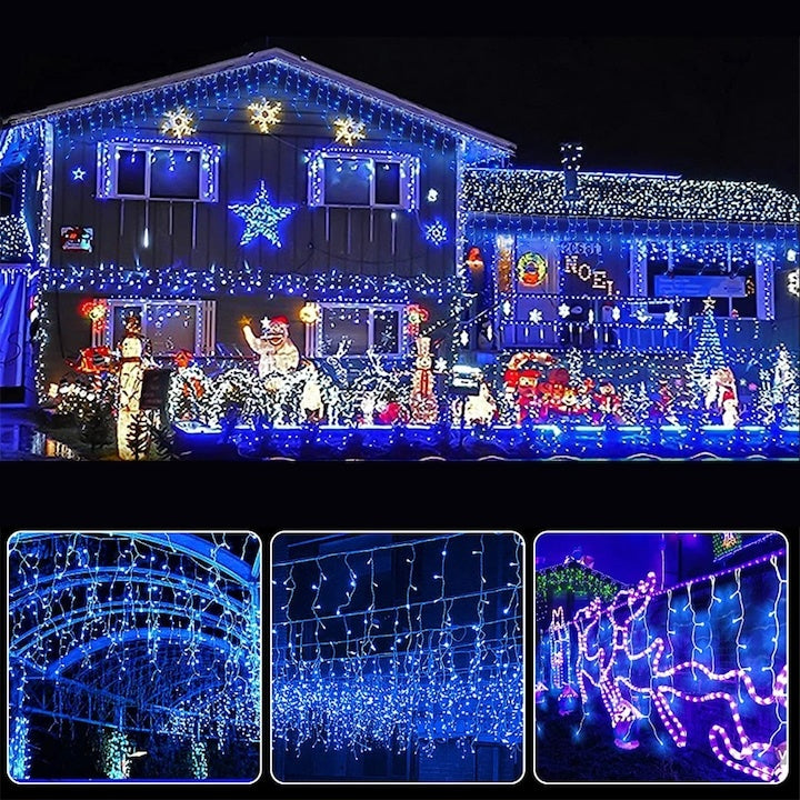 Instalatie de Craciun, curgatoare, tip turturi, cu jocuri de lumini, lungime 12m, 320 LED-uri, conectare la retea, albastru
